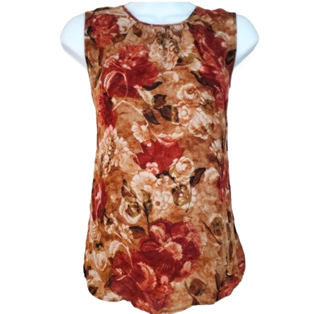 NWOT Kate Hill tan & red floral 100% silk blouse tank top Womens 14